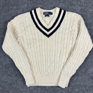 Polo Ralph Lauren Sweater Womens Large Cream Navy V-Neck Cable Knit Hand Knit